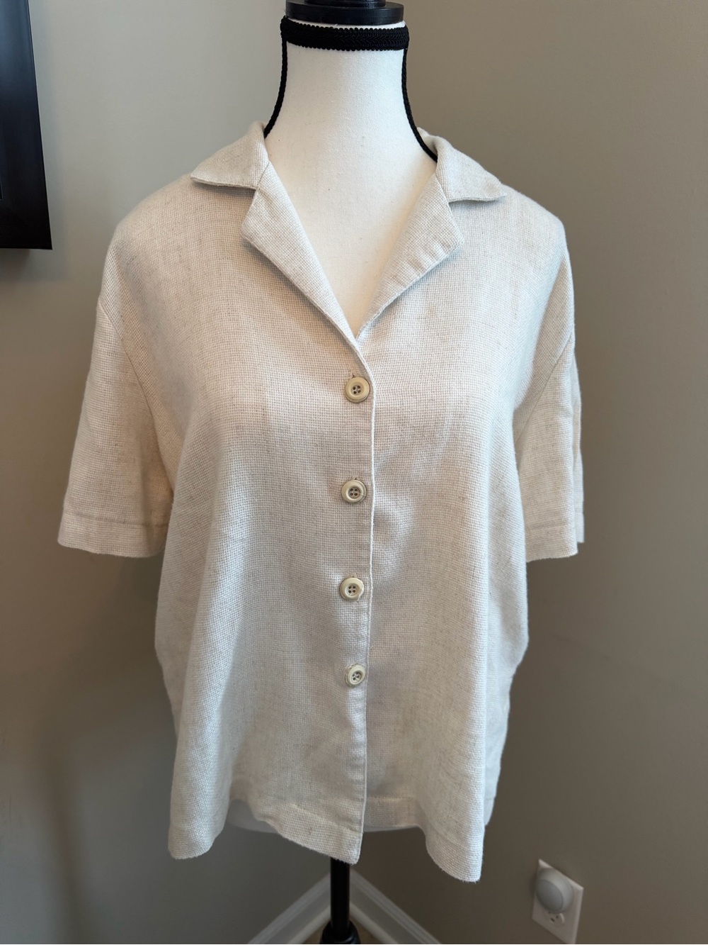Erin London Linen Blend Button Front Shirt Petite M Cream Vintage Short Sleeve